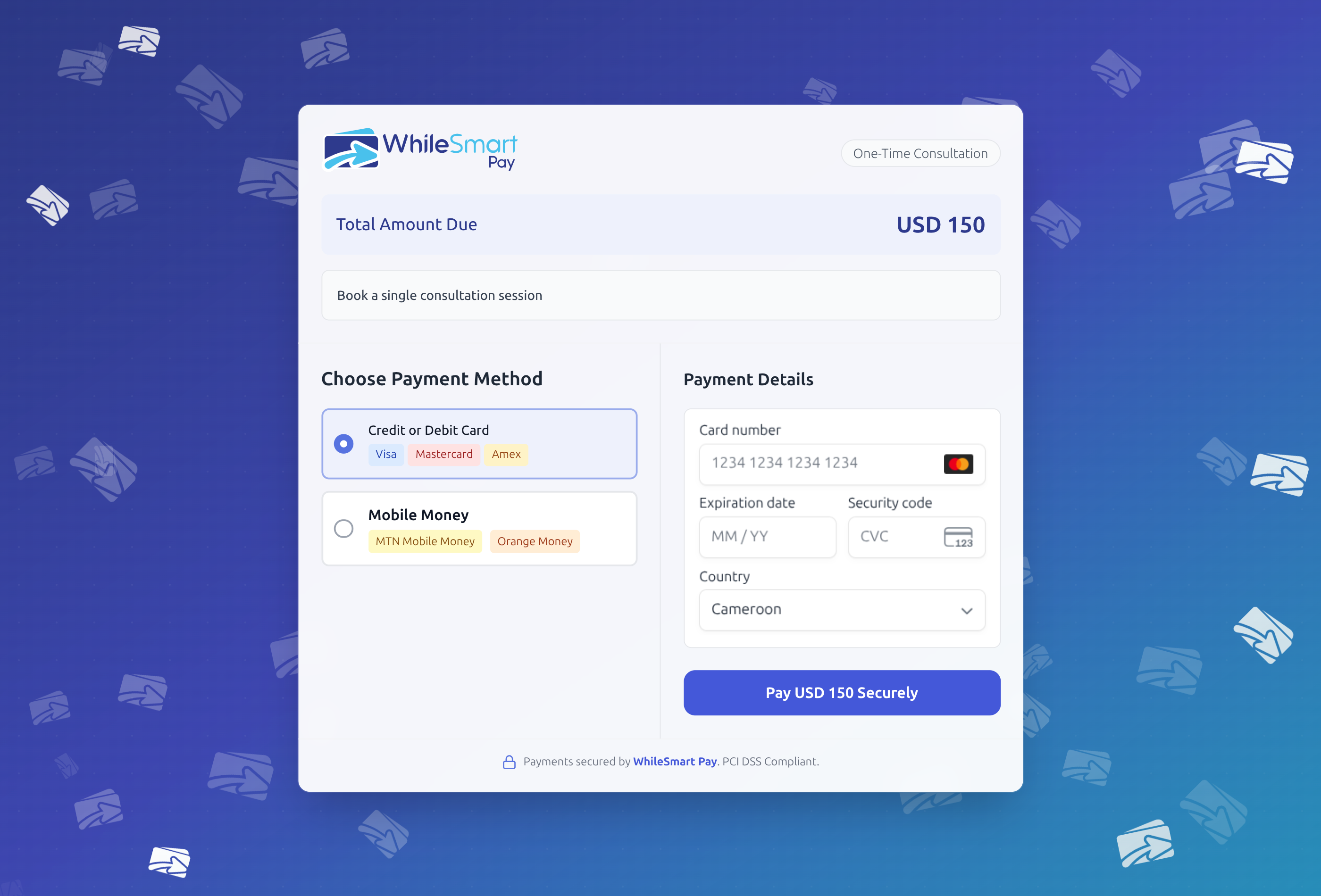 WhileSmart Pay checkout with Mobile Money and card options